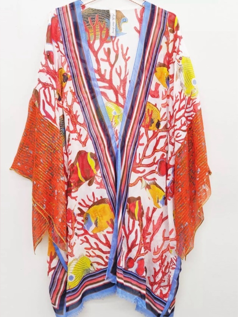 Aratta Sea of Belief Orange Coral Reef Kimono with Multicolor Fish Beaded